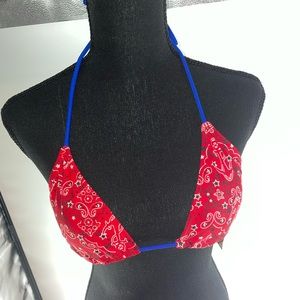 Red and blue bandanna print bikini top